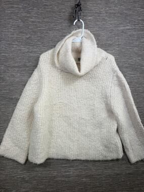 Theory Long Sleeve Cowl Neck Wool Blend Fuzzy Knit Boxy Sweater Size S Cream